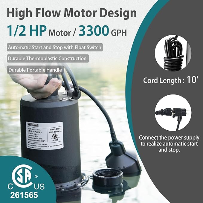 WASSERMANN 1/2HP Sump Pump,3300GPH Thermoplastic Utility Pump Electric Portable Transfer Clean/Dirty Submersible Pump with Float Switch for Pool Tub Garden Pond Draining with 10 FT Cord