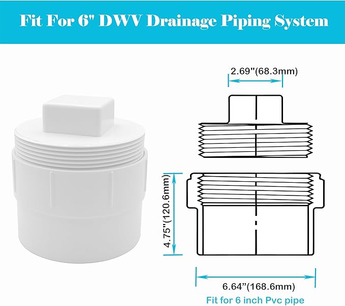 6 Inch Sewer Cleanout Cap with Plug Pipe Fitting,PVC Cap for Garden, RV and More Drainage Piping Systems, PVC DWV Flush Sewer Cleanout Cover and Coupling Adapter