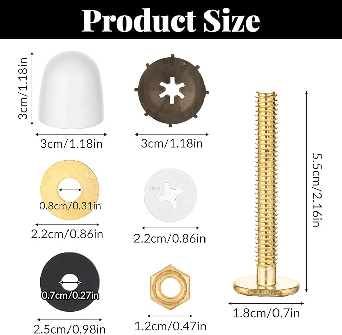 Toilet Bolts for Floor, 2 Pack Heavy Duty Toilets Floor Bolts and Caps Closet Metal Flange Bolt Kit With Washers, Nuts, Caps, Secure Toilet Bowl to Floors, Replacement Hardware for Top Mount Hinges