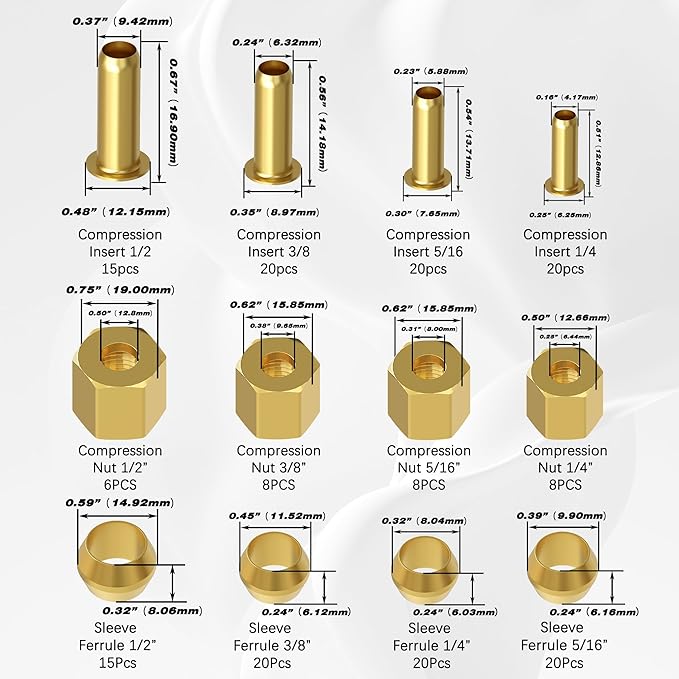 180PCS Compression Fittings Assortment kit - 4 sizes (1/4", 3/8", 5/16", 1/2") of Brass Compression Sleeve Ferrule, Insert and nuts - used to connect lines for air,water,fuel,oil and inert gases