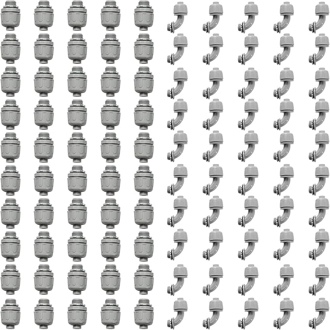 Conduit Connectors, 1/2 Inch Liquid Tight Connector NPT Non-Metallic for PVC Electrical Flexible Conduit Fittings, 50 Straight and 50 Angle 90 Degree, UL Listed, Grey (100-Pack)