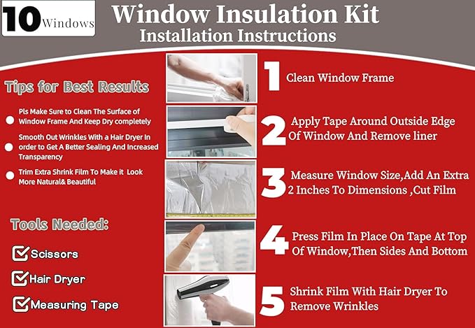 Insulating Film Window Kit to Keep Cold Out Window Shrink Film Insulator Kit (10 Windows)