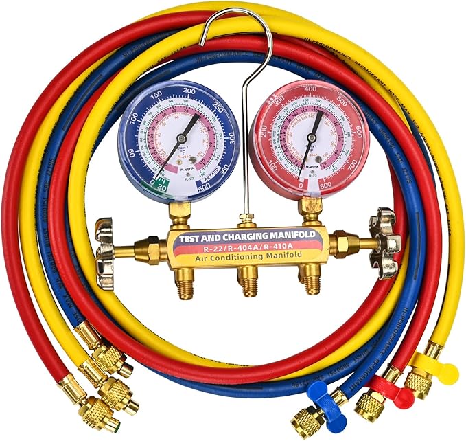 2026 Upgrade 42004 Test and Charge Manifold with 3-1/8" (80 mm) Gauge, for R-22/ 404A/ 410A, 1/4" to 1/4" Standard Flare Fittings with 60" HVAC Hoses, Gauge with Colored Label, Hvac Gauges with Hoses