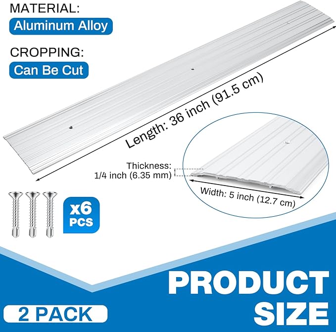 Tandefio 2 Pcs 5" x 1/4" x 36" Aluminum Door Saddle Threshold Commercial Flat-Profile Fluted for Interior Exterior Doorway Seal Strip Accessibility Free Fire Weatherproof (Silver)