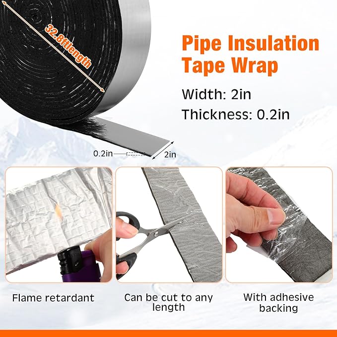 32 ft Pipe Insulation Foam Tape, 32 ft Foil Electric Pipe Hose Wrap, 6ft Heating Cable Automatic Electric Heat Kit Built in Thermostat for Outdoor Winter Hot Cold Water Pipe