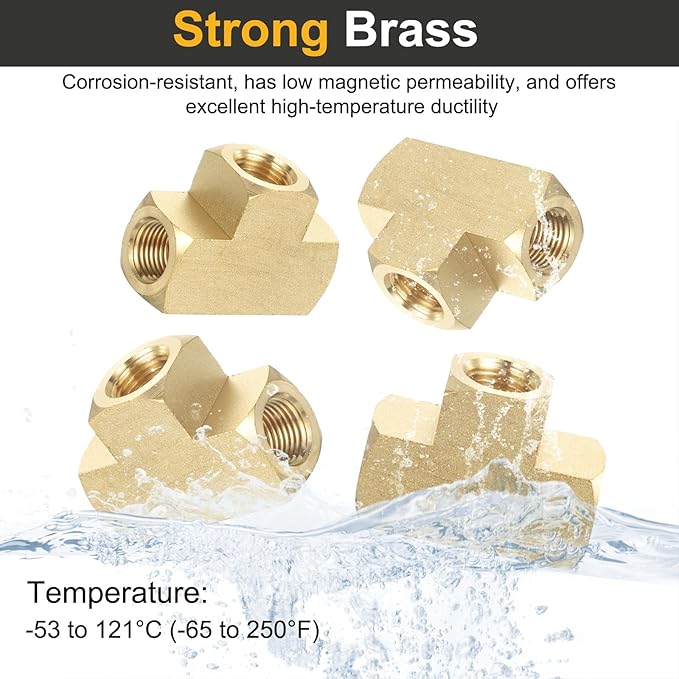 PATIKIL Brass Tee Fitting, 2Pcs 1/8" x 1/8" x 1/8" NPT Female Pipe 3 Way Forged Brass Barstock Street T-Fittings Pipe for Water Gas Refrigeration