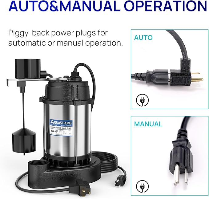 AQUASTRONG 3/4 HP Sump Pump Submersible, 4890 GPH Stainless Steel and Cast Iron Sump Pump, Automatic Integrated Vertical Float Switch with Piggy-back Plug,1-1/2" NPT Discharge Subpumps for Basement
