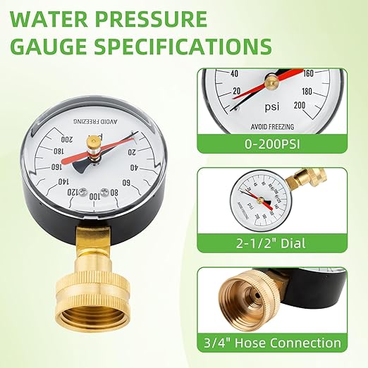 0-200 PSI Water Pressure Test Gauge for Home Faucet, House Tube, Hose Measurement, 2-1/2" Dial 3/4" Female Garden Hose Thread Connection Gauge with Red Indicator