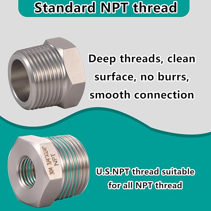2 Pcs 3/4" Male NPT to 1/4" Female NPT Reducer Hex Bushing，304 Stainless Steel Pipe Fitting Hex Bushing, Heavy Duty Pipe Fitting Reducer Adapter