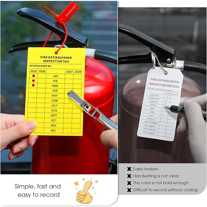 Chunful 101 Pieces Monthly Fire Extinguisher Inspection Tags 2025 to 2028 Maintenance Tags Plastic Tamper Seals Numbered Security with Handheld Hole Puncher(Yellow)