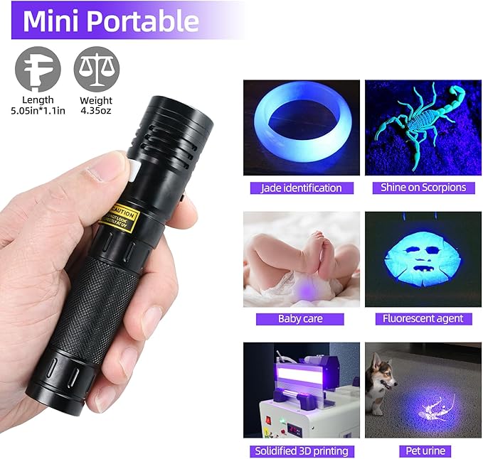 DARKBEAM UV Flashlight 395nm Black Light, 20W High Power 3 UV LEDs USB -C Rechargeable, Mini Woods Lamp Ultraviolet with Glasses- Detector for Pet Urine, Uranium Glass - Leak Detection - Curing Resin