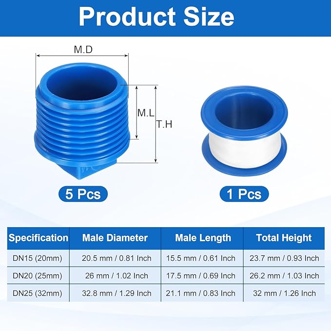 uxcell 5Pcs 3/4 Inch PT Male Thread PVC Pipe Fitting Plug, Cleanout Plugs, Water Drain End Caps Coupling Adapter with Tape for Water Heater Supply Lines, Plumbing, Blue