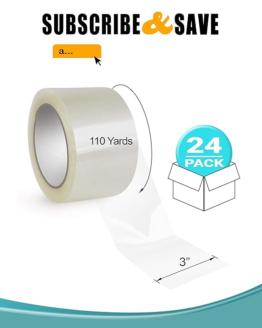 APQ 24 Rolls of Carton Sealing Tape 3” x 110 Yards. Thickness 2 Mil. 50 Micron Polypropylene Pressure Sensitive Tape for Packing, Shipping, Moving Boxes. Acrylic Adhesive. No Weathering, Yellowing.