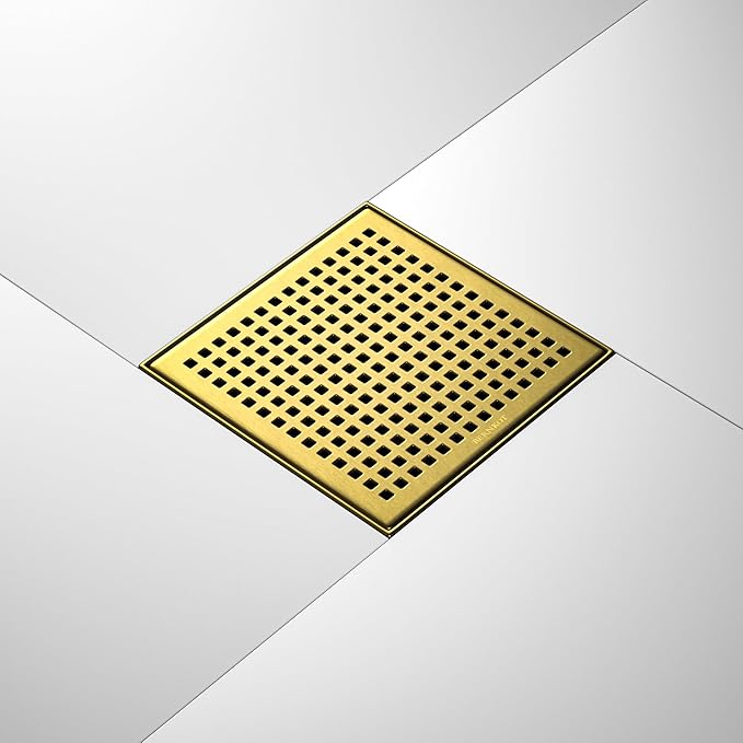 Square Shower Drain 8", 304 Stainless Steel Floor Drain with Grid Drain Cover & Hair Strainer, Shower Drain w/CUPC Certified, Brushed Gold
