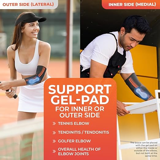 DR. BRACE® Elite Elbow Brace Support, Breathable Elbow Compression Sleeve with Gel Pad for Golfer's, Tennis Elbow & Tendonitis Treatment & Pain Relief 2024 (Grey-Orange, Small)