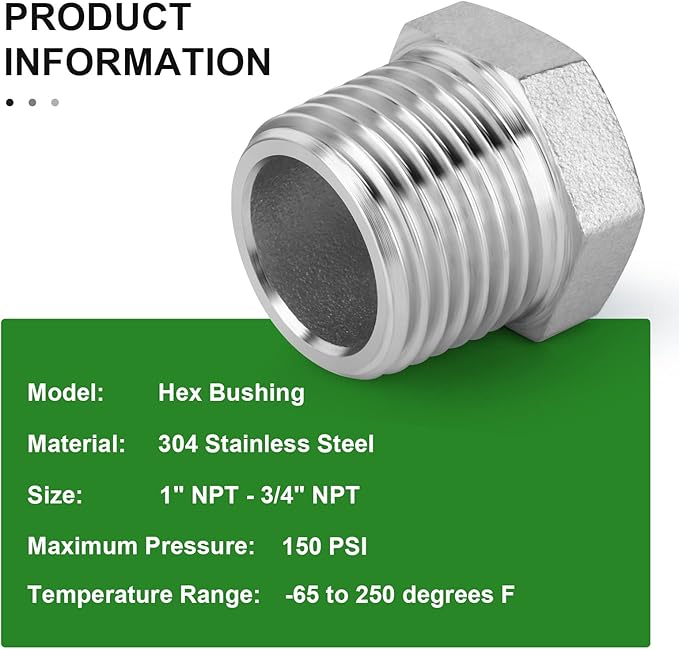 TAISHER 5PCS 304 Stainless Steel Reducer Hex Bushing, 1" NPT Male x 3/4" NPT Female, Reducing Pipe Adapter Fitting