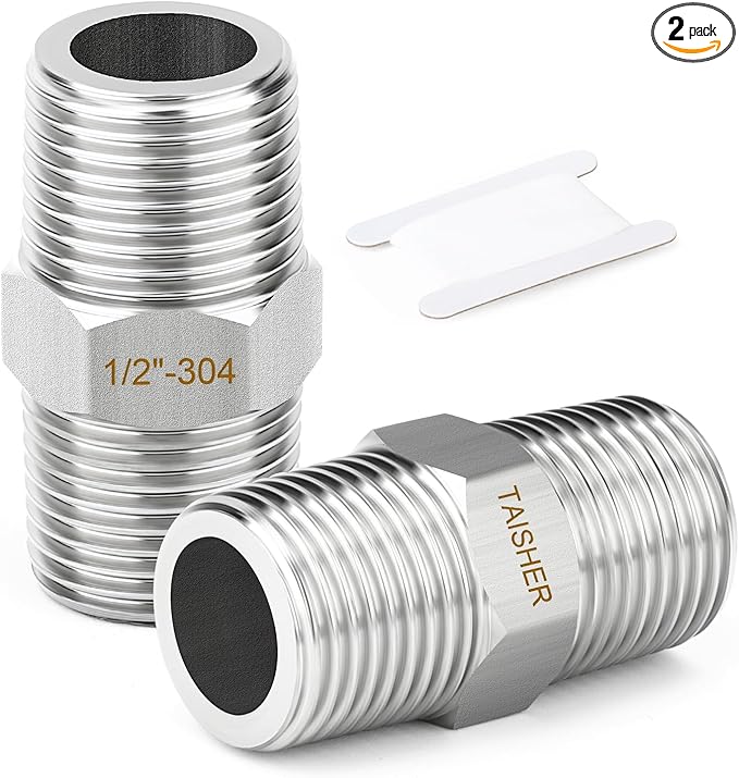 TAISHER 2PCS 304 Stainless Steel New Hex Nipple, 1/2" NPT Male x 1/2" NPT Male, Pipe Adapter Fitting