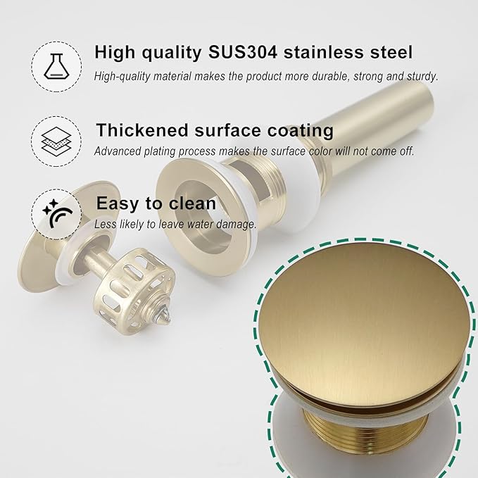 VOTON Brushed Gold Pop Up Bathroom Sink Drain with Overflow Assembly with Strainer Lavatory Vanity Vessel Pop Up Drain Stopper