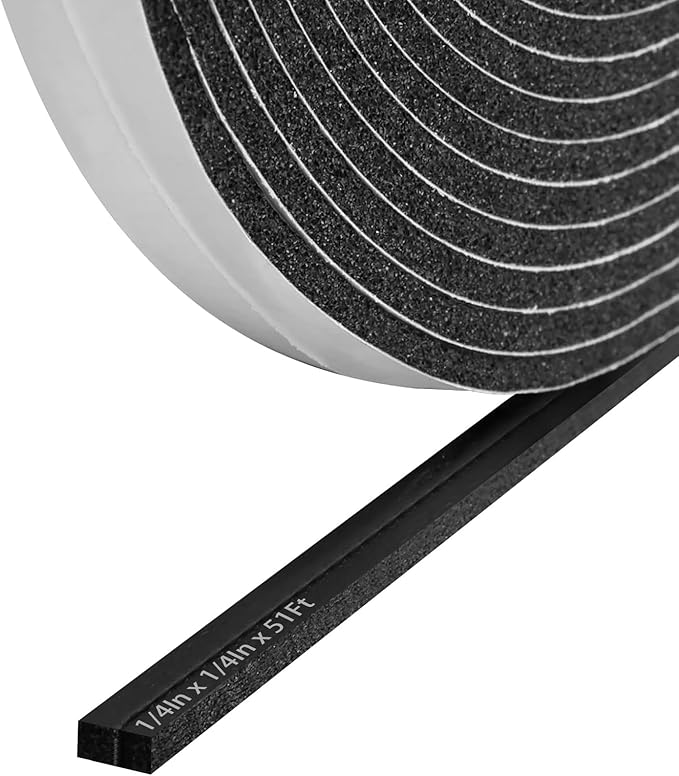 Storystore Foam Insulation Tape Self Adhesive, 1/4In x 1/4In x 51Ft Weather Stripping for Doors and Windows, Sound Proof Soundproofing Door Seal, Weatherstrip, Air Conditioning Seal Strip