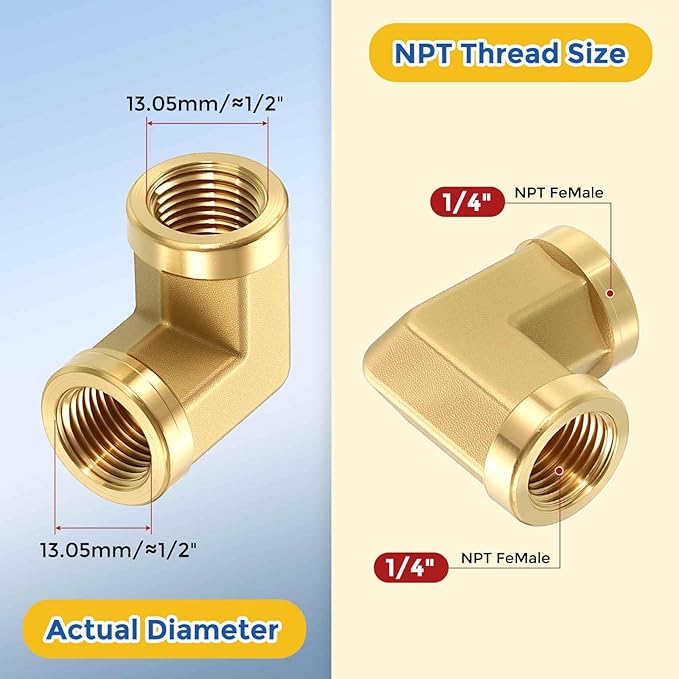 5 Pack Brass Pipe Fittings, 90 Degree 1/8" FeMale NPT to 1/8" FeMale NPT Barstock Street Elbow with Sealing Tape, Forged Pipe Fitting Connector for Air, Oil, LP