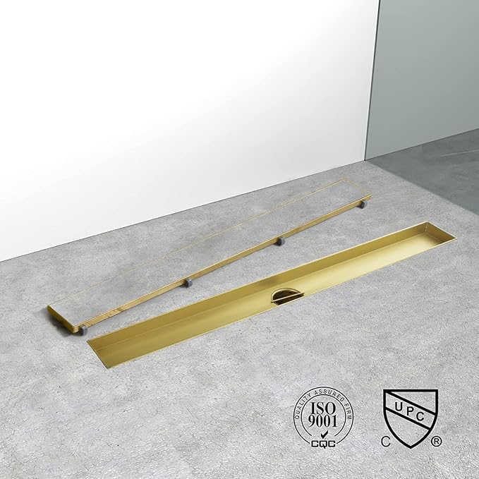 Linear Shower Drain, 40 inch Gold Drain with Tile Insert 2-in-1 Panel, Brushed 304 Stainless Steel Gold Shower Floor Drain, Linear Drain with Hair Strainer and Adjustable Feet