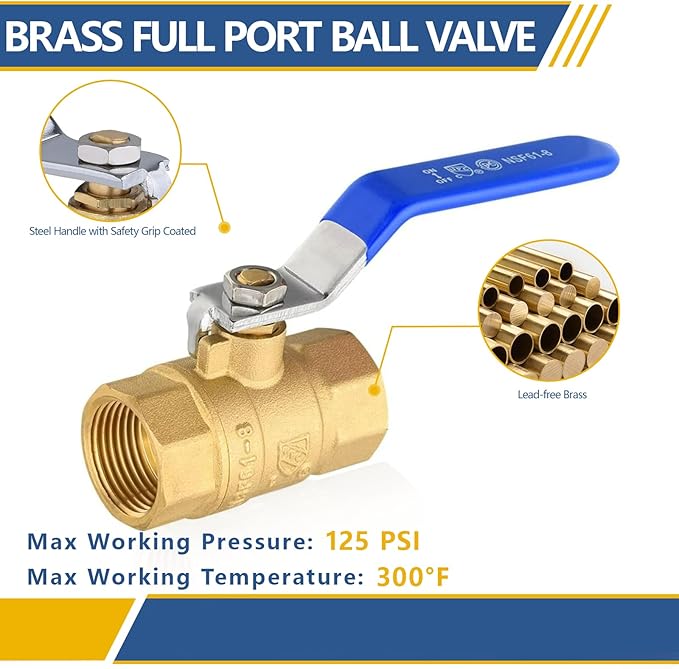1/2" Heavy Duty Full Port Brass Ball Valve,600 WOG FNPT FIP Threaded Valve for Compressed Air, Water, Plumbing or Oil(Blue Handle,10Pack)(VALVE344-10Pack)