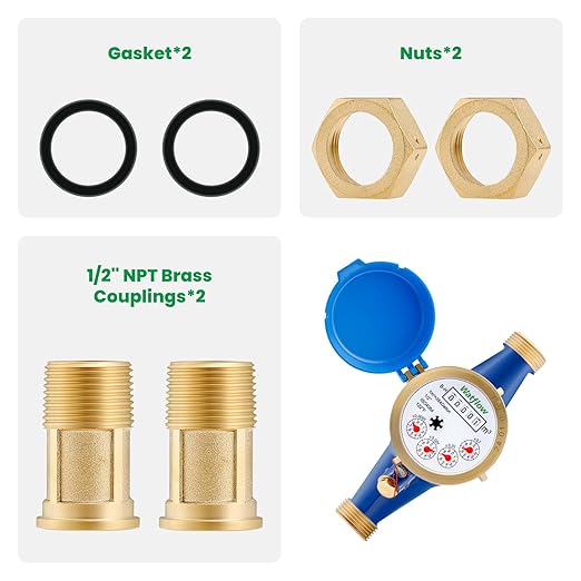 Watflow DN15 Water Meter 1/2"NPT, ISO4064 Certification Cubic Water Flow Meter, Cold Water Meter, for Garden or Home, Horizontal Install.