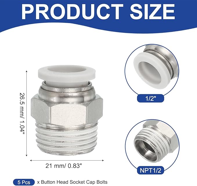 MECCANIXITY 5 Pcs NPT Push to Connect Air Fittings, Male Straight 1/2" Tube OD x 1/2" NPT Thread Air Quick Connector Coupling Adapter for Gas Hose Pneumatic Tools, White