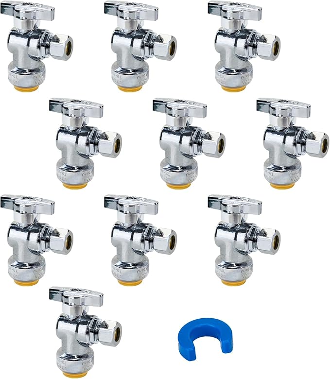 10-Pack 1/2 Inch Shut Off Valve, SUNGATOR Pushfit 1/2 x 3/8 Inch Angle Stop Valve, No Lead Brass Faucet Shutoff, Push-to-connect Plumbing Fittings for Pex Pipe, Copper, CPVC, with 1 Disconnect Tool