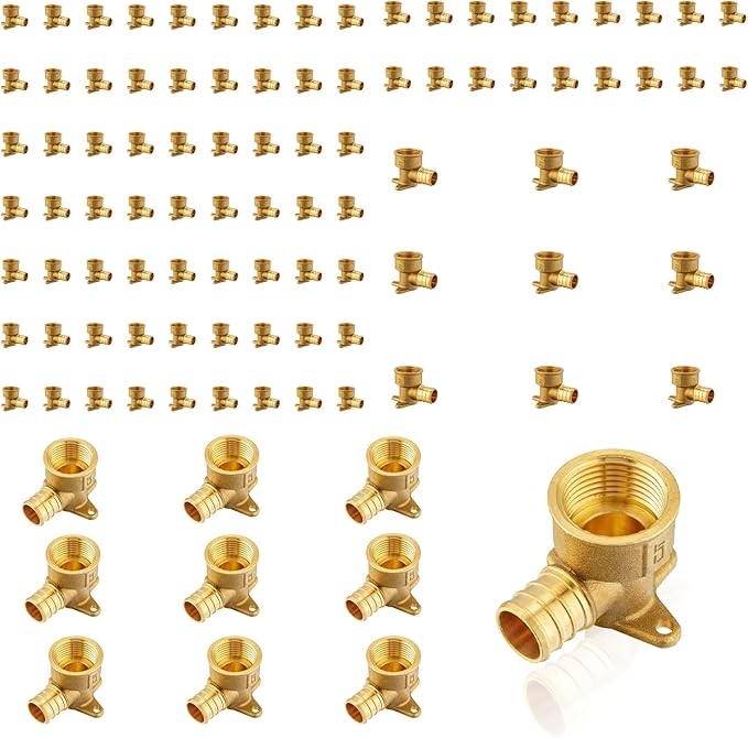 (100-Pack) PEX Fittings, Pex 3/4"x3/4" Female Threaded NPT Drop Ear Elbow Adapter, Brass Crimp Fittings, for PEX Tubing Pipe Plumbing, ASTM F1807(PEX1807169-100Pack)