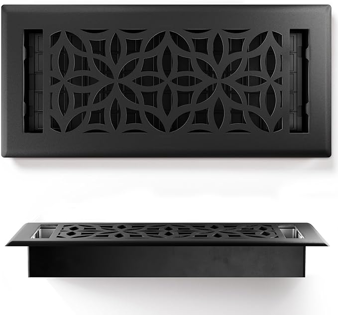 Floor Register 4x10 Vent Cover – 2 Pack – Heavy-Duty Steel, Rustproof & Walkable Grates, Drop-in Install, Adjustable Air Supply Switch - Decorative Floral Design, Textured Black