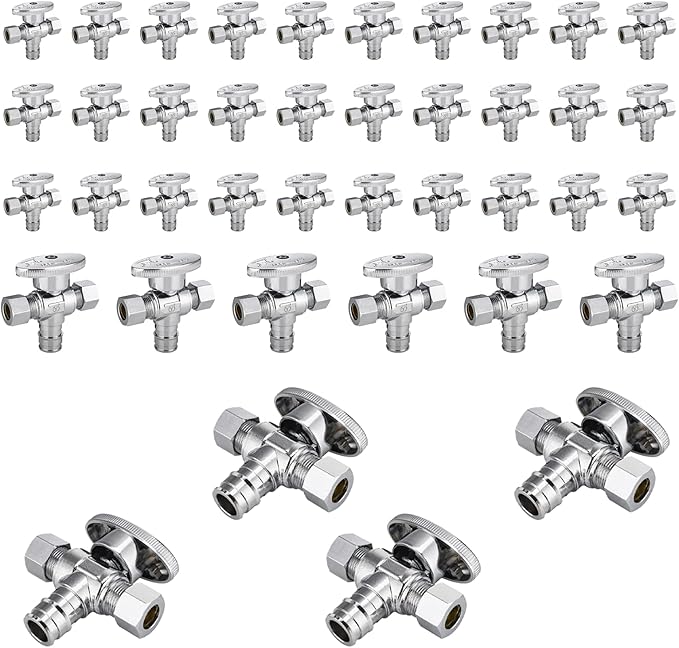 40-Pack Foskan Dual Outlet Angle Stop Valve,1/4 Turn Shut off Valve,1/2" PEX-A x 3/8" OD x 3/8" OD,Chrome Plated Brass