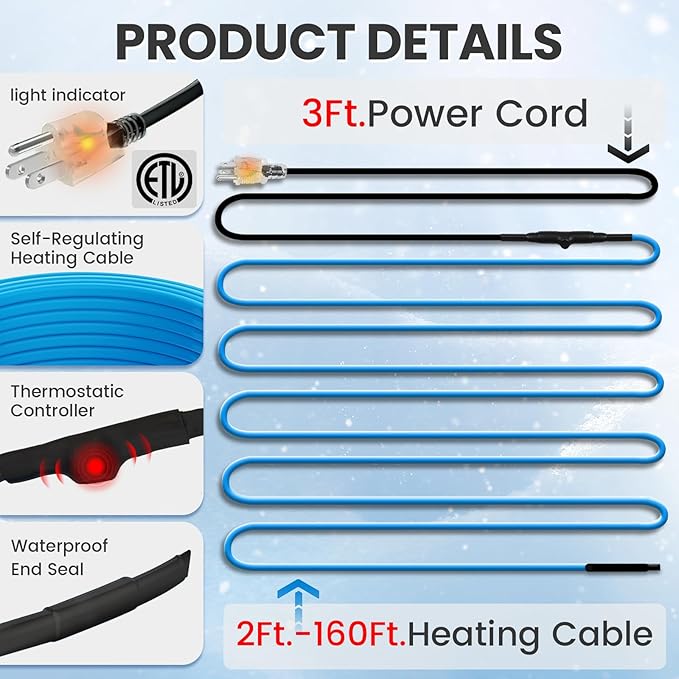 MAXKOSKO 24 Ft. 120 V Heating Cable for Pipe Freeze Protection, Self-Regulating Heat Tape for Water Pipes for Metal and Plastic Pipes, Energy-Saving Heat Trace Cable Keeps Water Flowing at -40 °F