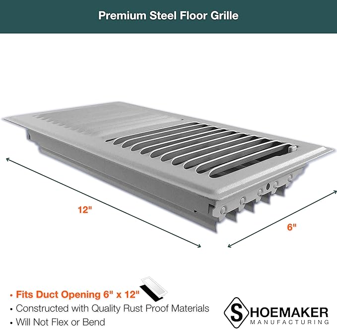 Shoemaker 6x12 Floor Register – Cement Gray Heavy Duty Metal Floor Vent Cover for Home Floors - Premium Forced Air Vent Covers