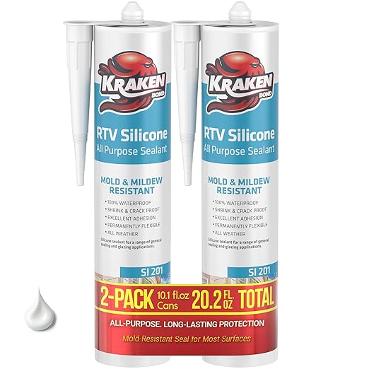 Kraken Bond White Silicone Sealant Waterproof% 100-10 fl oz Cartridge, RTV Silicone Caulk Kitchen and Bathroom, All Purpose, Window Caulking Sealant Outdoor, RV, Exterior Use Silicon - 2 Pack