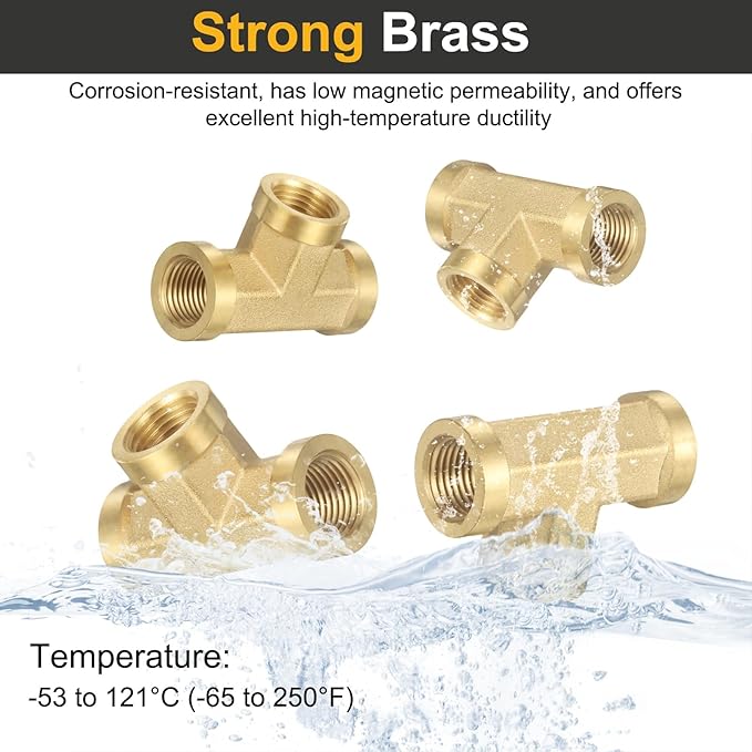 PATIKIL Brass Tee Fitting, 2Pcs 1/4" x 1/4" x 1/4" NPT Female Pipe 3 Way Forged Brass Barstock Street Tee Pipe Fittings for Water Gas Refrigeration