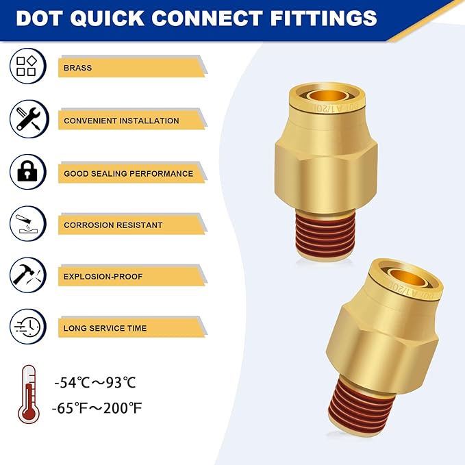 1/2" Brass Push to Connect DOT Air Brake Fittings, 3PCS Air Line Quick Connect Fittings 1/2" Tube OD x 1/4" NPT Connector Tube to Male Pipe for Truck Trailers Air Brake System