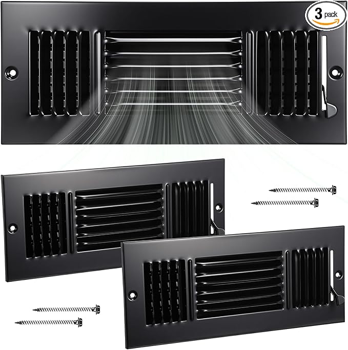 VIHOSE 3 Pcs Vent Covers HVAC Sidewall Air Ceiling Register 3 Way Vents for Wall Solid Steel Manual Adjuster for Bathroom Toilet Home Office (12 x 4 Inches,Black)