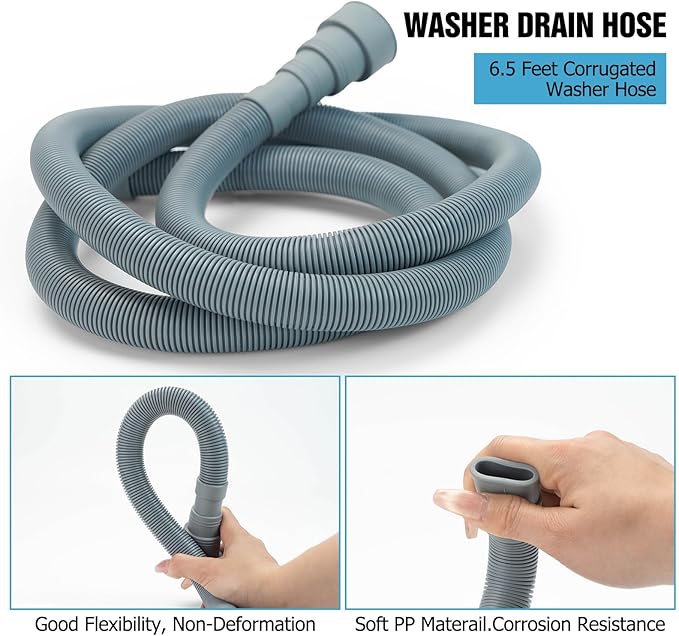 6.6 Feet Universal Washing Machine Drain Hose Flexible Dishwasher Drain Hose Extension Kits Corrugated Washer Hose w/ 1 Adapter 2 Hose Clamps 1 U-Bend Hose Holder