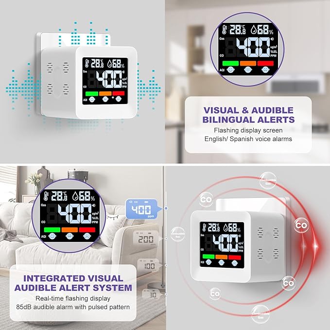 Plug-in 4-in-1 Gas & CO Detector with Temp/Humidity - Natural Gas, Propane & Methane Detector for Home, RV & Apartments (1, White-Voice Edition)