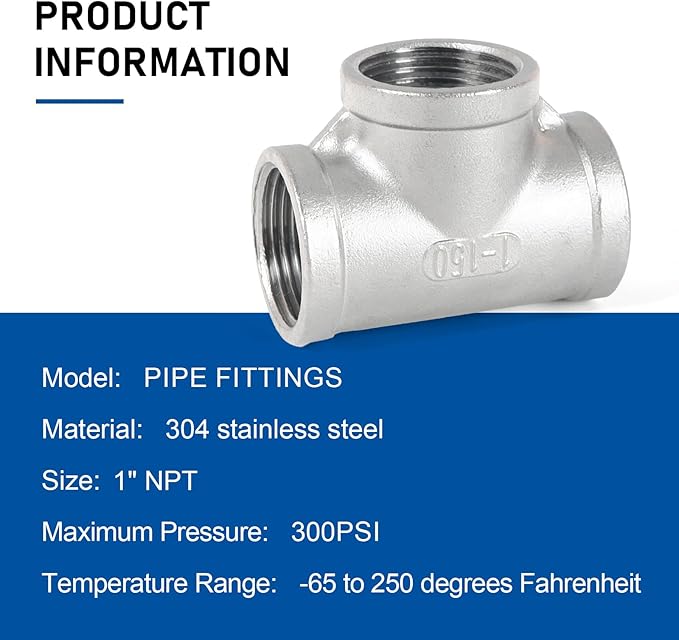 Kodilin Pipe Fittings 304 Stainless Steel Tee Pipe Fittings 1" x 1" x 1" NPT Female Thread Adapter - 4PCS