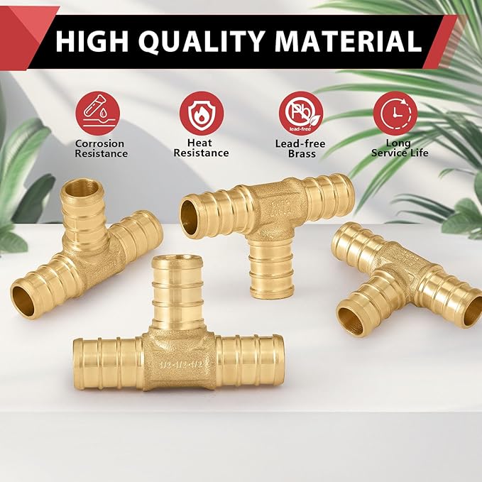 2-Pack EFIELD Barb Crimp Pex Fittings 1" x 1" x 1" Inch Tee Brass Fittings For Pex Tubing Connection, ASTM F1807,(PEX1807074-2PCS)