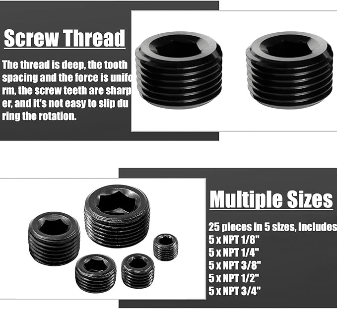 70 Pcs Black Carbon Steel Pipe Plug Fitting Assortment Kit - 5 Sizes 1/8" 1/4" 3/8" 1/2" 3/4" NPT Male Internal Hex Thread Socket for Sealing Port