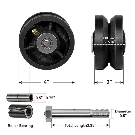 4" X 2" Sliding Gate Wheels（4 Pack）, Cast Iron V Groove Wheel with Roller Bearing-700 lbs Capacity, Rolling Gate Wheels, Sliding Gate Casters