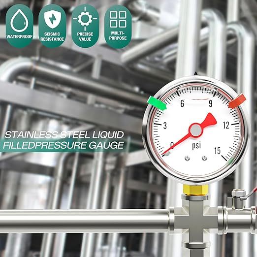 0-15psi Stainless Steel Glycerin Liquid Filled Pressure Gauge1/8 NPT 1.5" Dial, Lower Mount for Pressure Testing of Water, Oil and Air (with Range Mark Pointer)