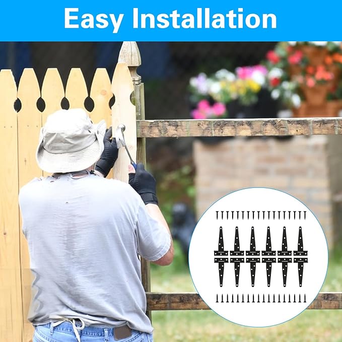 12 Pack 5 Inch T Strap Hinges, Shed Door Gate Hinges, Heavy Duty Black Outdoor Tee Hinge for Wooden Fences, Barn Door Gates Hinge for Shed Door Hardware