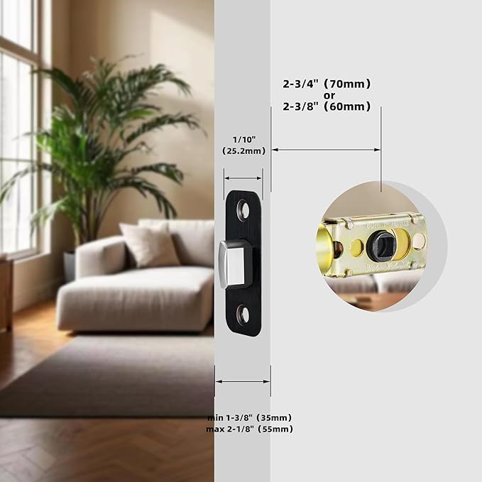 Venetian Bronze Adjustable Door Latch 60 or 70mm, 45° Turning Angle, Door Lock Replacement Parts with Door Strike Plate, Wood Dowel, Dust-Boxes