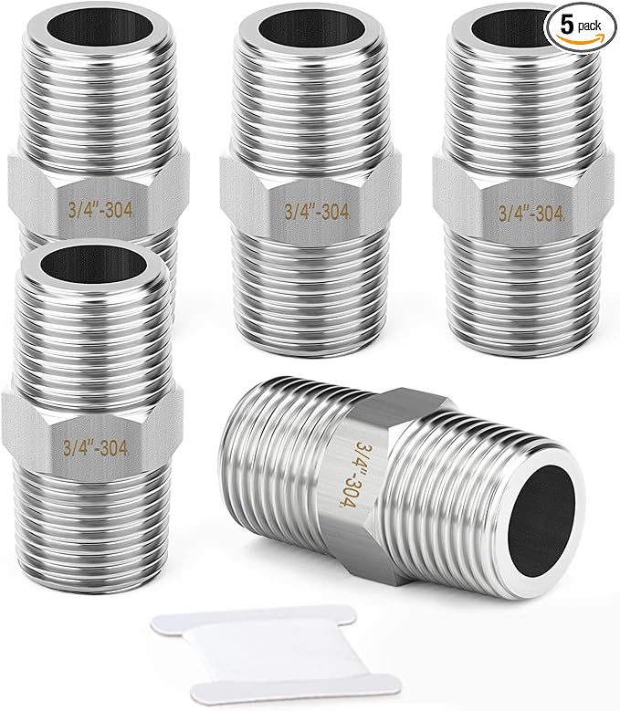 TAISHER 5PCS 304 Stainless Steel New Hex Nipple, 3/4" NPT Male x 3/4" NPT Male, Pipe Adapter Fitting