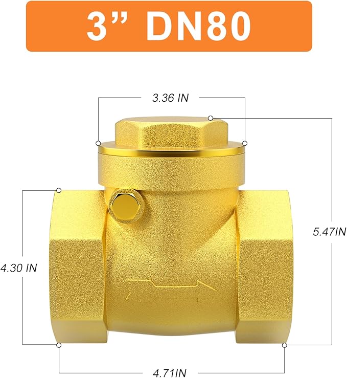 GASHER 1PC Swing Brass Check Valve DN80 3" Female Thread, Backflow Prevention, One Way Check Valves for Sump Pump and Air Compressor, Gas Air Fuel Oil Water