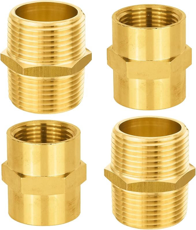 4-PCs HeSun Brass Pipe Fittings Combo, 2-PCs 1" NPT Male + 2-PCs 1" NPT Female Hex Nipple Adapter